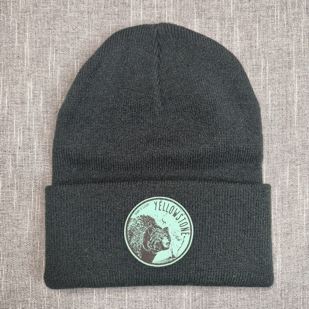 Yellowstone National Park Beanie Hat Ribbed Acrylic Knit Grizzly Bear Ecology